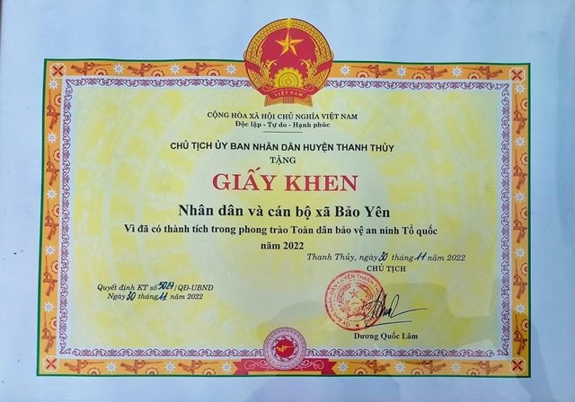 Năm 2022 Cán bộ và nhân dân xã Bảo Yên được Chủ tịch UBND huyện Thanh Thủy khen thưởng về Phong trào Toàn dân BVANTQ. 