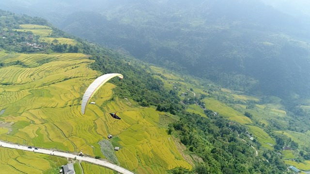 Chương trình dù lượn bay trên mùa vàng, du khách có được trải nghiệm mới mẻ, độc đáo khi ngắm vẻ đẹp của những thửa ruộng bậc thang từ trên cao.