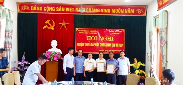 Ông Lê Hồng Phong (đứng thứ 3 từ trái qua phải) Tổ trưởng Tổ sản xuất chè an toàn VietGAP xóm Phú Nam 3, xã Phú Đô nhận Giấy chứng nhận tại hội nghị.