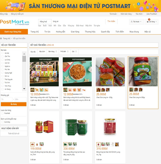 C&aacute;c sản phẩm của tỉnh Long An tr&ecirc;n s&agrave;n thương mại điện tử Postmart&nbsp;(ảnh Cổng th&ocirc;ng tin ĐT tỉnh Long An).