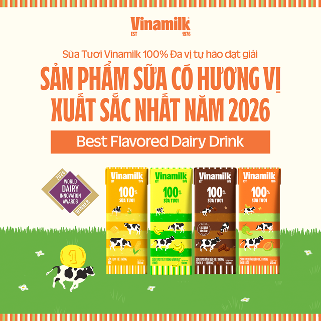 Sữa tươi Vinamilk 100% đa vị được vinh danh tại World Dairy Innovation Awards 2026 với hạng mục Sản phẩm sữa c&oacute; hương vị xuất sắc nhất (Ảnh: VN).