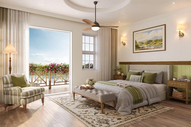 Ph&ograve;ng ngủ nh&igrave;n ra mặt nước của một biệt thự đơn lập