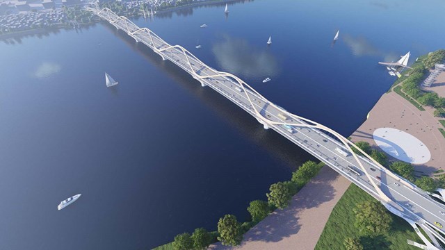 Phối cảnh Cầu Trần Hưng Đạo sau khi ho&agrave;n th&agrave;nh với hệ v&ograve;m th&eacute;p mang h&igrave;nh tượng v&ocirc; cực bắc qua s&ocirc;ng Hồng.