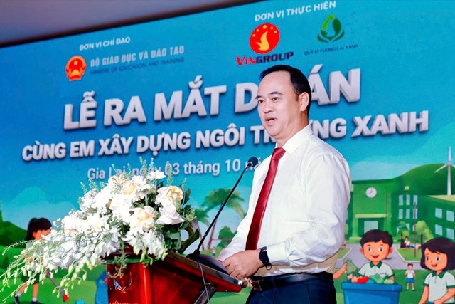 TS. Trần Nam T&uacute;, Ph&oacute; Cục trưởng Cục Khoa học, C&ocirc;ng nghệ v&agrave; Th&ocirc;ng tin, Bộ Gi&aacute;o dục & Đ&agrave;o tạo, ph&aacute;t biểu tại buổi c&ocirc;ng bố dự &aacute;n &ldquo;C&ugrave;ng em x&acirc;y dựng ng&ocirc;i trường xanh&rdquo;. Ảnh: BTC.