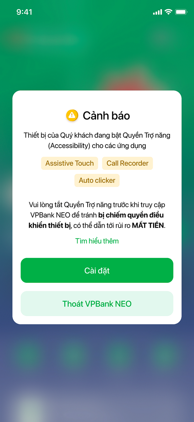 M&agrave;n h&igrave;nh cảnh b&aacute;o của VPBank, t&ecirc;n ứng dụng sẽ thay đổi tương ứng với từng thiết bị nhận được cảnh b&aacute;o &nbsp;