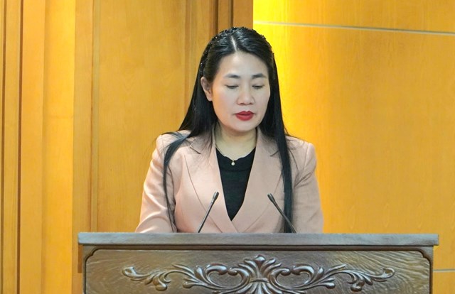 B&agrave; Nguyễn Thị Việt H&agrave; &ndash; Ph&oacute; Chủ tịch HĐND tỉnh H&agrave; Tĩnh th&ocirc;ng tin về c&ocirc;ng t&aacute;c chuẩn bị cho cuộc bầu cử tại buổi họp b&aacute;o.