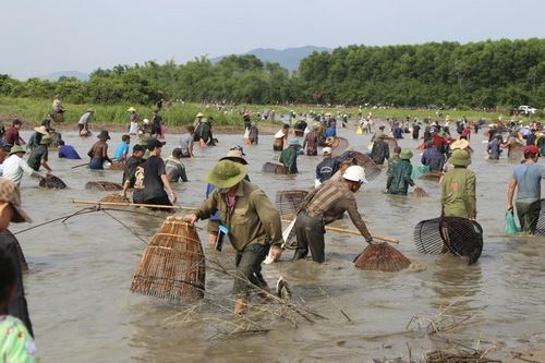 Hàng ngàn người lội nước, tham gia lễ hội bắt cá Đồng Hoa cầu may.