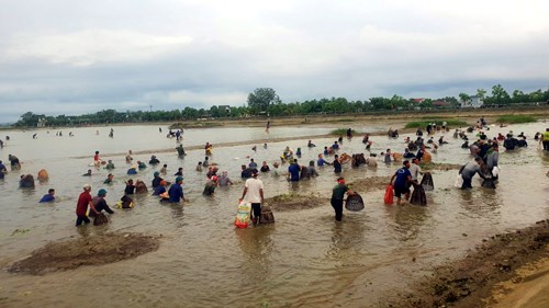 H&agrave;ng trăm người d&acirc;n đ&atilde; c&oacute; mặt tại Đập Lổ để tham gia bắt c&aacute; trong sự reo h&ograve;, vui mừng.