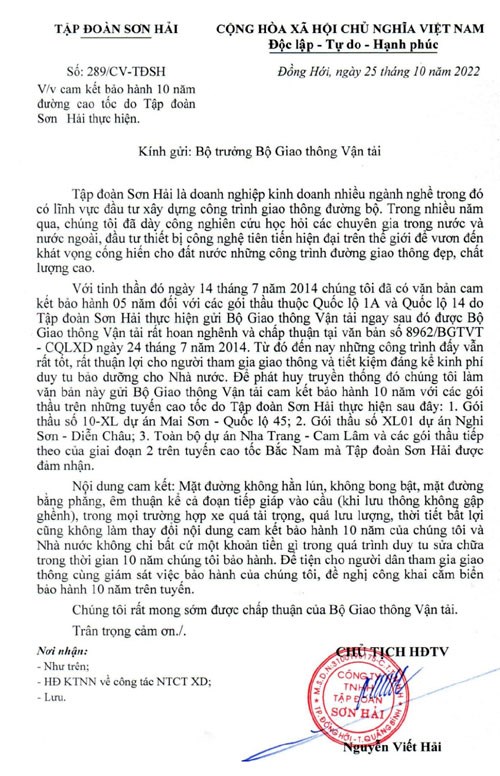 Văn bản của Công ty cổ phần tập đoàn Sơn Hải ký gửi Bộ trưởng Bộ GTVT cam kết bảo hành các gói thầu cao tốc do công ty này thi công lên 10 năm.