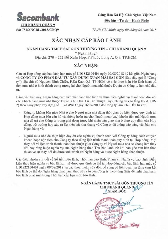 Một chứng thư bảo l&atilde;nh dự &aacute;n căn hộ do ng&acirc;n h&agrave;ng thương mại ph&aacute;t h&agrave;nh.