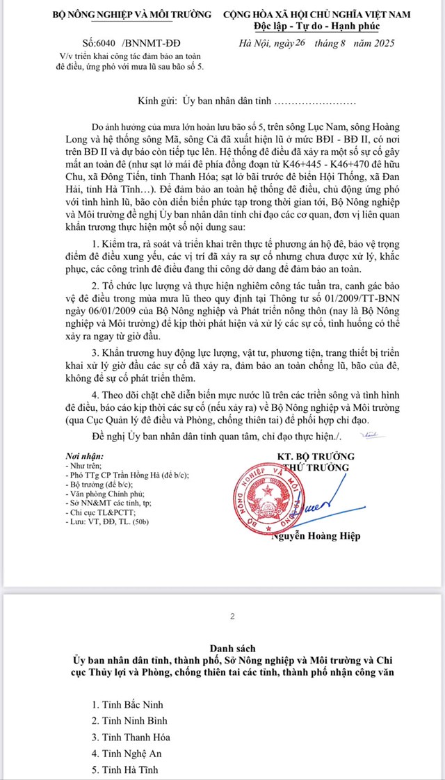 Văn bản số 6040/BNNMT-ĐĐ ng&agrave;y 26/8/2025
