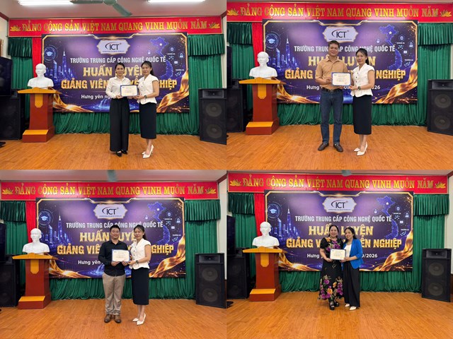 Đại diện Ban Gi&aacute;m hiệu nh&agrave; trường trao chứng nhận ho&agrave;n th&agrave;nh kh&oacute;a huấn luyện cho c&aacute;c giảng vi&ecirc;n tham gia chương tr&igrave;nh.