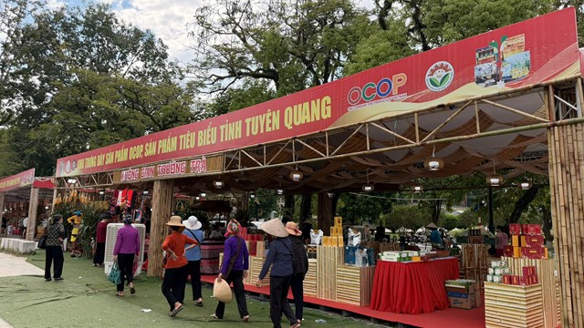 To&agrave;n cảnh kh&ocirc;ng gian thưởng tr&agrave; tại khu trưng b&agrave;y sản phẩm OCOP, sản phẩm ti&ecirc;u biểu tỉnh Tuy&ecirc;n Quang&nbsp;