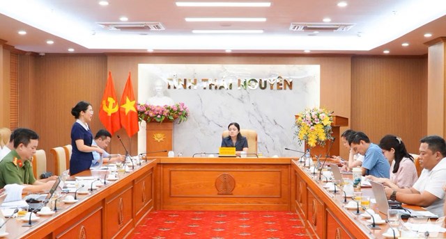 Đồng ch&iacute; Nguyễn Thị Loan, Ủy vi&ecirc;n Ban Thường vụ Tỉnh ủy, Ph&oacute; Chủ tịch UBND tỉnh chủ tr&igrave; cuộc họp.