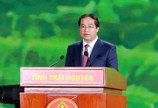 Đồng ch&iacute; Trịnh Xu&acirc;n Trường, Ủy vi&ecirc;n Ban Chấp h&agrave;nh Trung ương Đảng, B&iacute; thư Tỉnh ủy Th&aacute;i Nguy&ecirc;n, tr&igrave;nh b&agrave;y diễn văn kỷ niệm 195 năm th&agrave;nh lập tỉnh.